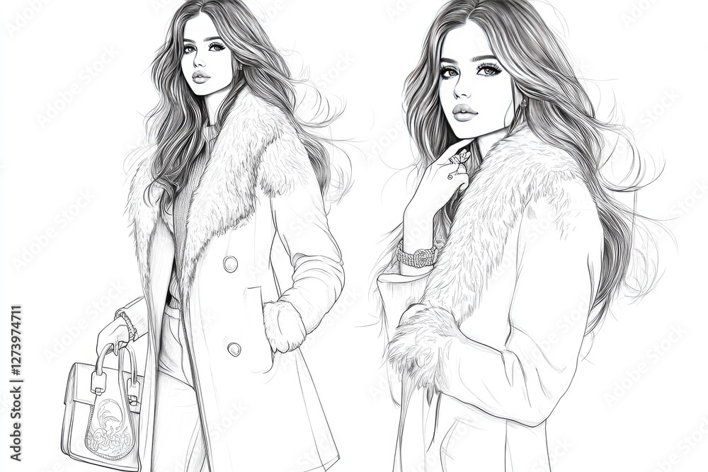 Fashion Illustration of Two Women in Winter Coats Fashion Illustration of Two Women in Winter Coats