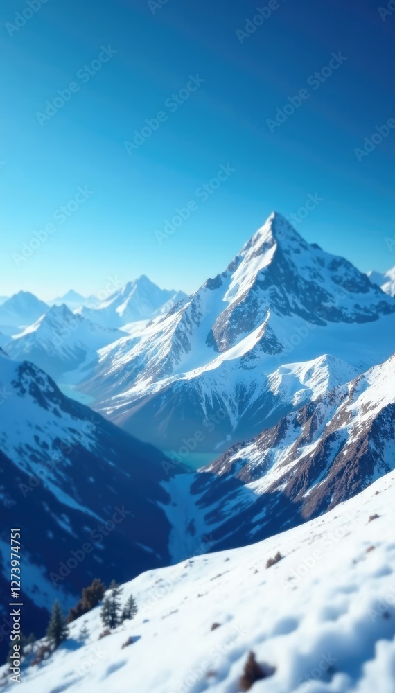 Obraz premium Bokeh effect on a snowy mountain range with abstract blue sky, icy, abstract blue sky