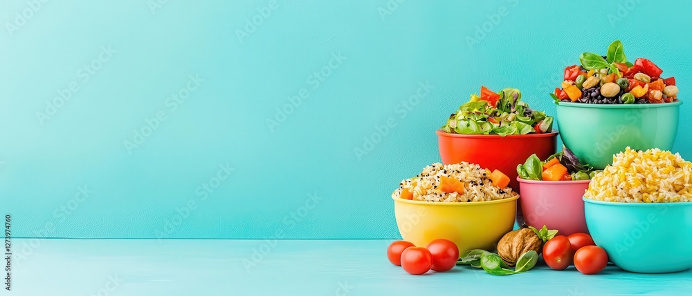 Fototapeta premium A colorful flat-lay of homemade meals prepared from leftovers, presented in eco-friendly containers for a cost-effective approach