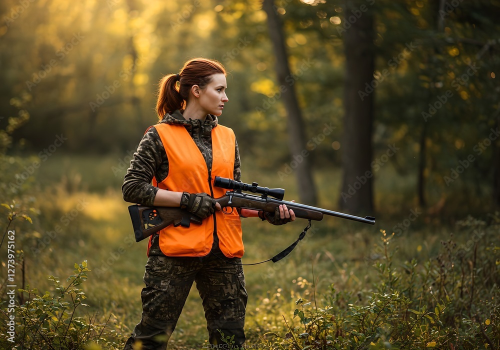 Fototapeta premium Woman hunter with rifle in forest at sunset. Female in orange safety vest and camouflage. Outdoor hunting activity. Sport shooting and wildlife conservation. Autumn season