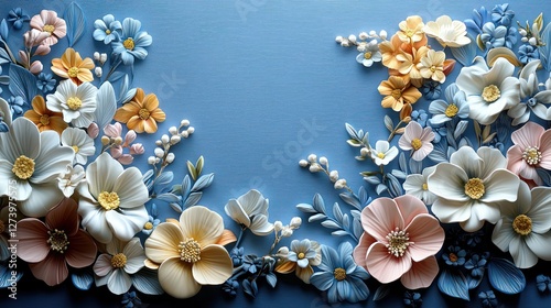 Beautifully crafted floral arrangement in pastel colors against a textured blue background, ideal for decor