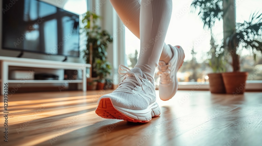 Naklejka premium Fresh morning jog captures the essence of fitness and wellness in a sunlit indoor space. Generative AI