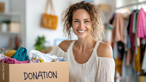 Smiling Young Woman Sorting Clothes While Packing Boxes for Charity, Community Support, Donation Center, Volunteers Helping in Background.