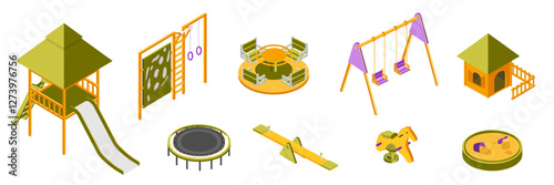 Kids playground isometric vector illustrations set. Children amusement park objects collection. Carousel, rocking horse, swing, slide, trampoline, sandbox and seesaw. Childish outdoor entertainment.