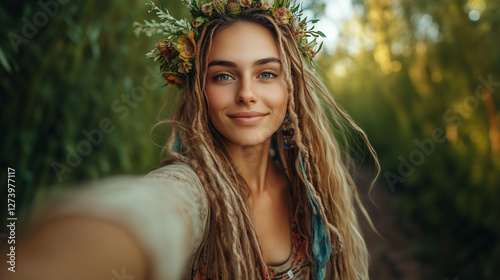 Bohemian Woman Dancing Freely in Summer Forest, Mystic Nature Spirit, Witchy Aesthetic, Feminine Beauty and Holistic Eco Lifestyle, Slow Life.