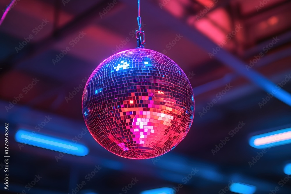 Obraz premium Vibrant disco ball hanging under colorful neon lights creating a retro party atmosphere