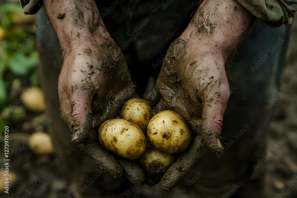 Hands holding freshly harvested potatoes in a garden during late afternoon Hands holding freshly harvested potatoes in a garden during late afternoon