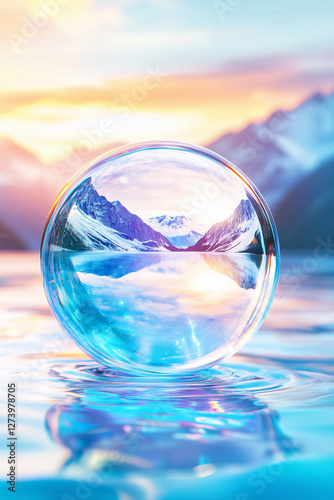 Water Sphere in Lake with Glaciers, World Water Day, Glacier Preservation, Protecting Earth’s Water Towers, Sustainability, Climate Change Awareness, Clean Water and Eco Responsibility Background.