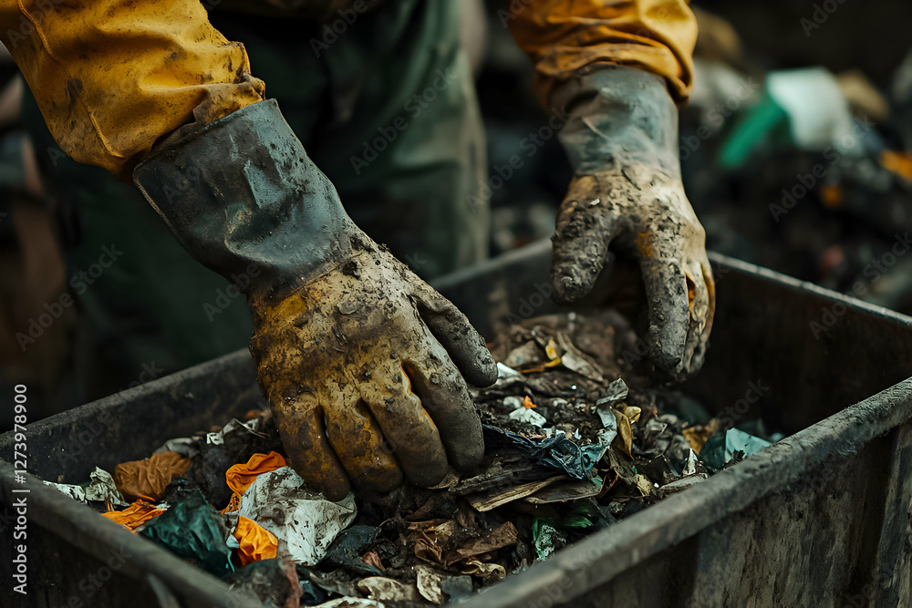 Obraz premium Worker sorting through waste in a recycling facility during daylight hours