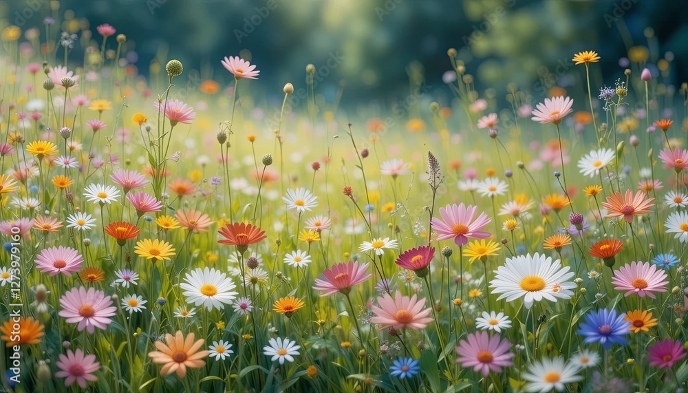Springtime atmosphere outdoor flower field close-up