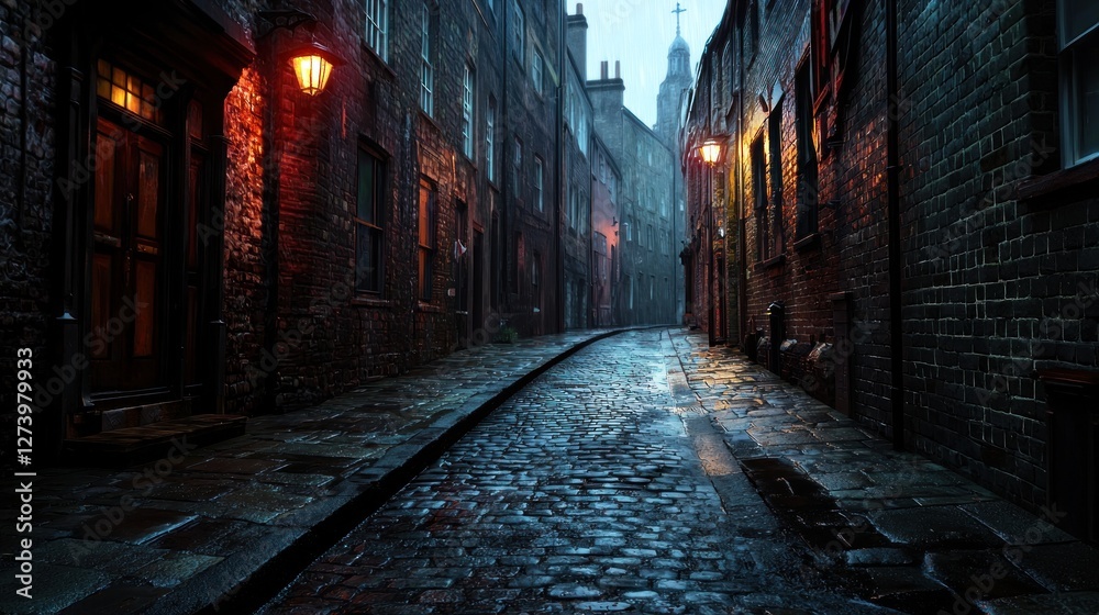 Fototapeta premium Rain-soaked cobblestone alley at dusk with glowing street lamps and historic buildings looming