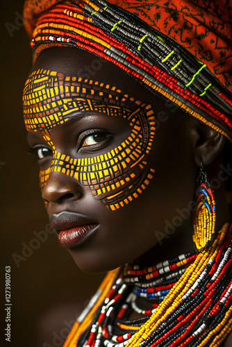 Woman adorned in vibrant tribal jewelry and face paint with intricate patterns at a cultural celebration in a warm-toned environment photo