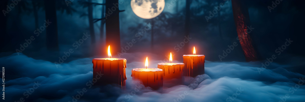 Fototapeta premium Mystical forest setting with candles illuminating fog under the full moon at night