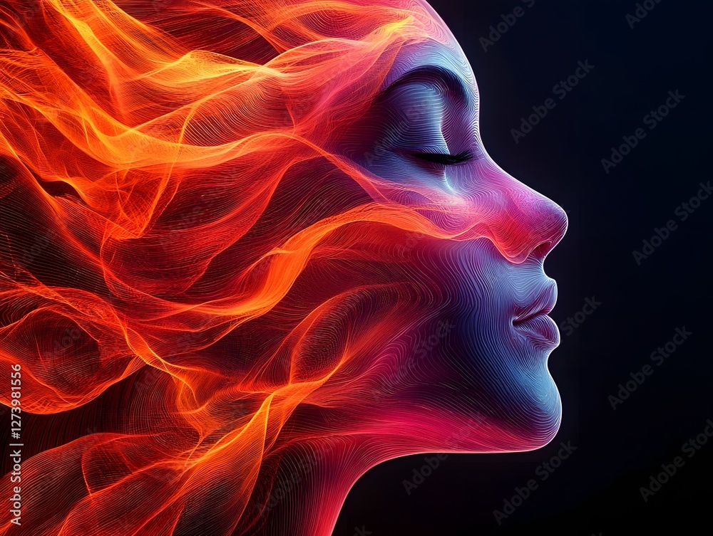 Glowing Abstract Face of Flowing Light Ribbons Symbolizing Fluidity and Motion Glowing Abstract Face of Flowing Light Ribbons Symbolizing Fluidity and Motion