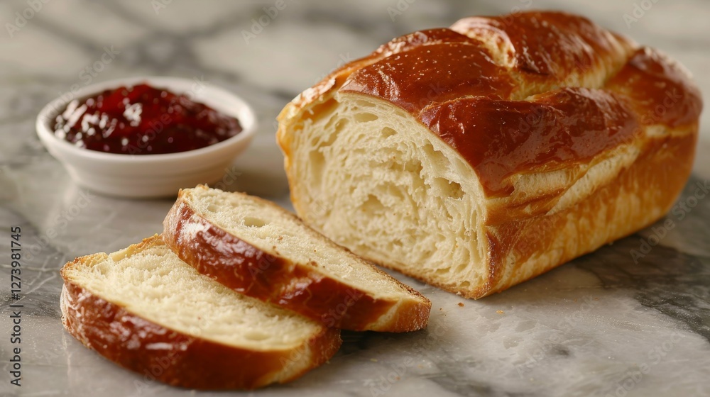 Brioche: A loaf of buttery, soft brioche with a shiny golden top, partially sliced, with a small dish of homemade jam. Traditional French bread.
Brioche: A loaf of buttery, soft brioche with a shiny golden top, partially sliced, with a small dish of homemade jam. Traditional French bread.