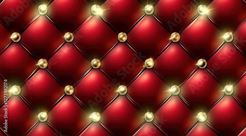 Red textured upholstery with gold buttons for decorative wall paneling or furniture