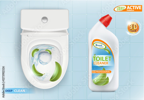 Packaging bottle with toilet cleaner. Toilet bowl with clean water inside. Vector illustration.