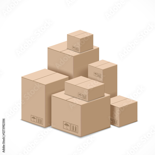 Pile of isometric cardboard boxes. Isolated on a white background. Vector illustration