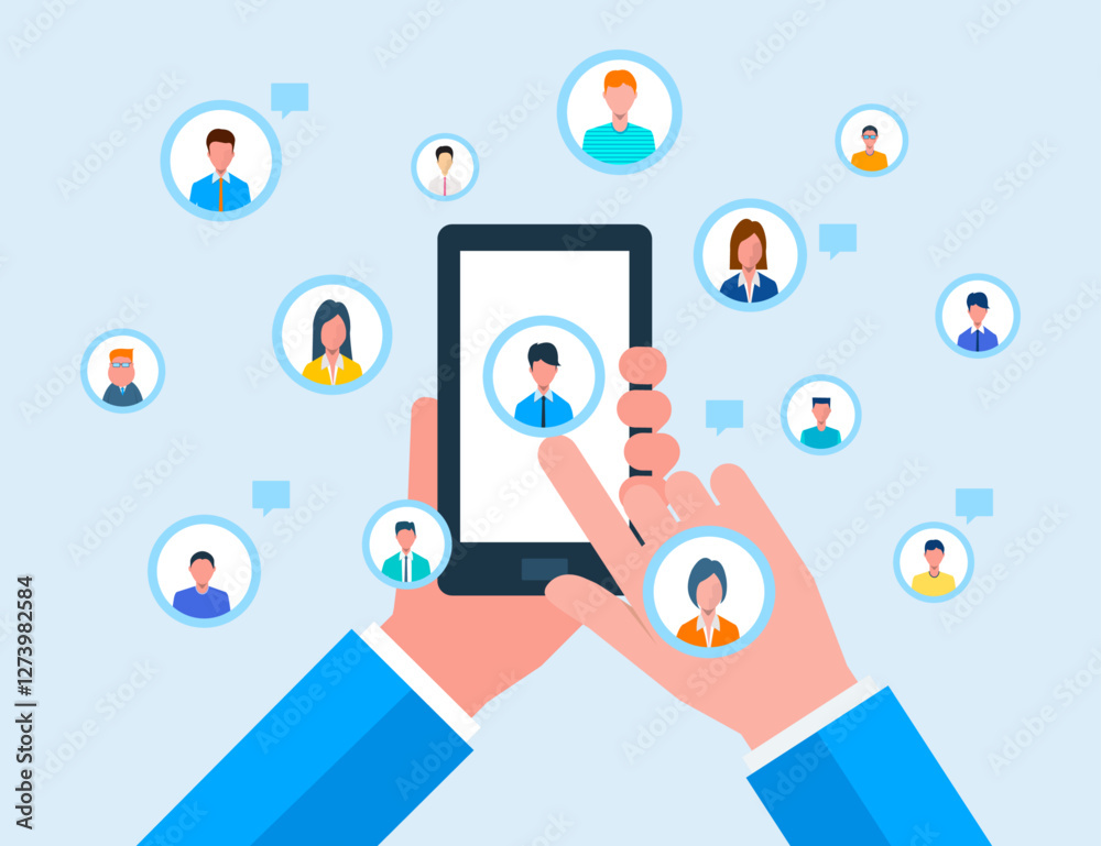 business social media network connection. online communication concept. flat vector design hand hold mobile and touch screen
