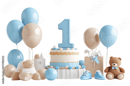A delightful first birthday celebration filled with a charming cake and playful decorations isolated on transparent background