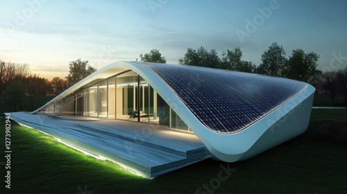 A futuristic home with sleek, modern solar panels integrated into its roof design, showcasing sustainable energy solutions