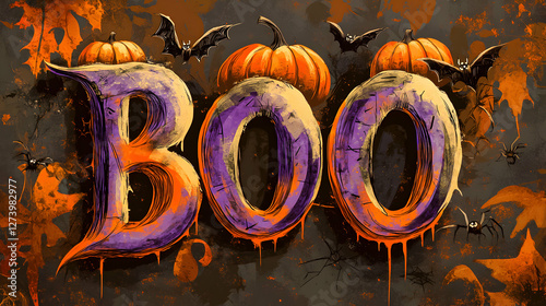 Halloween themed decoration featuring pumpkins, bats, and spooky elements with the word Boo in bold colors photo