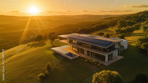 A drone view of a modern house with solar panels covering its rooftop, surrounded by a green landscape and bathed in sunlight