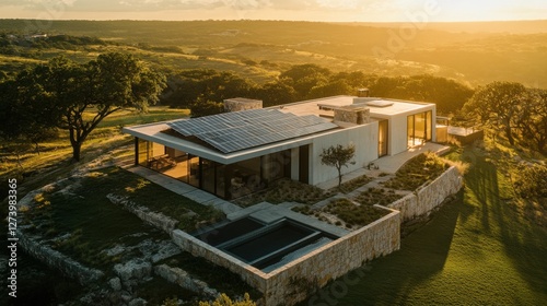 A drone view of a modern house with solar panels covering its rooftop, surrounded by a green landscape and bathed in sunlight