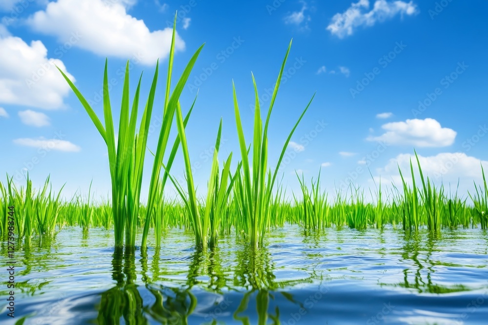 Obraz premium Young Rice Plants in a Paddy Field - Lush green rice plants sprout from clear water, symbolizing growth, nature, agriculture, renewal, and serenity
