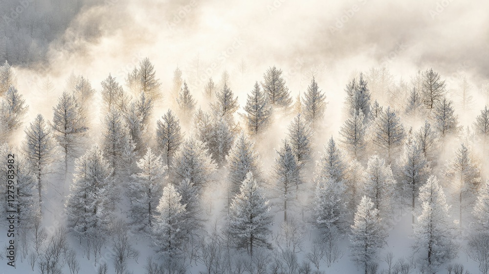 Obraz premium Serene Winter Landscape with Frosted Trees and Misty Horizon