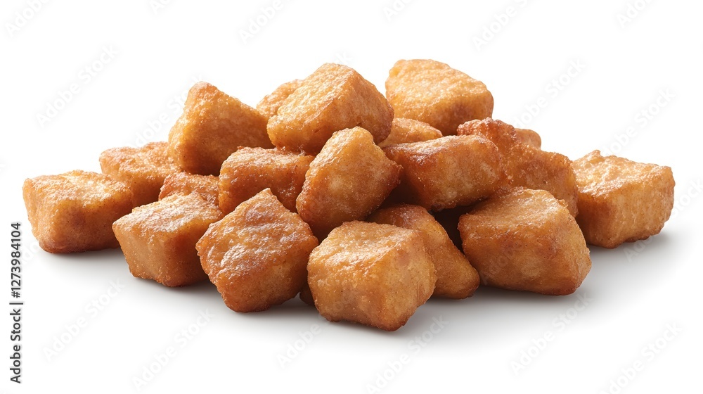 Golden fried tofu cubes a delicious vegetarian protein source on a bright white background Golden fried tofu cubes a delicious vegetarian protein source on a bright white background