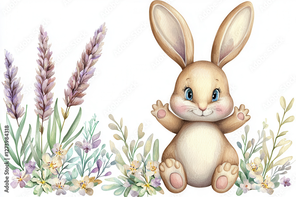 Obraz premium A cute cartoon bunny sits among colorful flowers and lavender, radiating joy and charm in a whimsical, nature-inspired design.