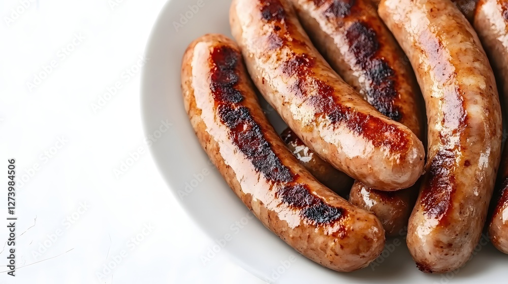 Delicious grilled sausages on a white plate perfect for summer barbecue and picnic food Delicious grilled sausages on a white plate perfect for summer barbecue and picnic food