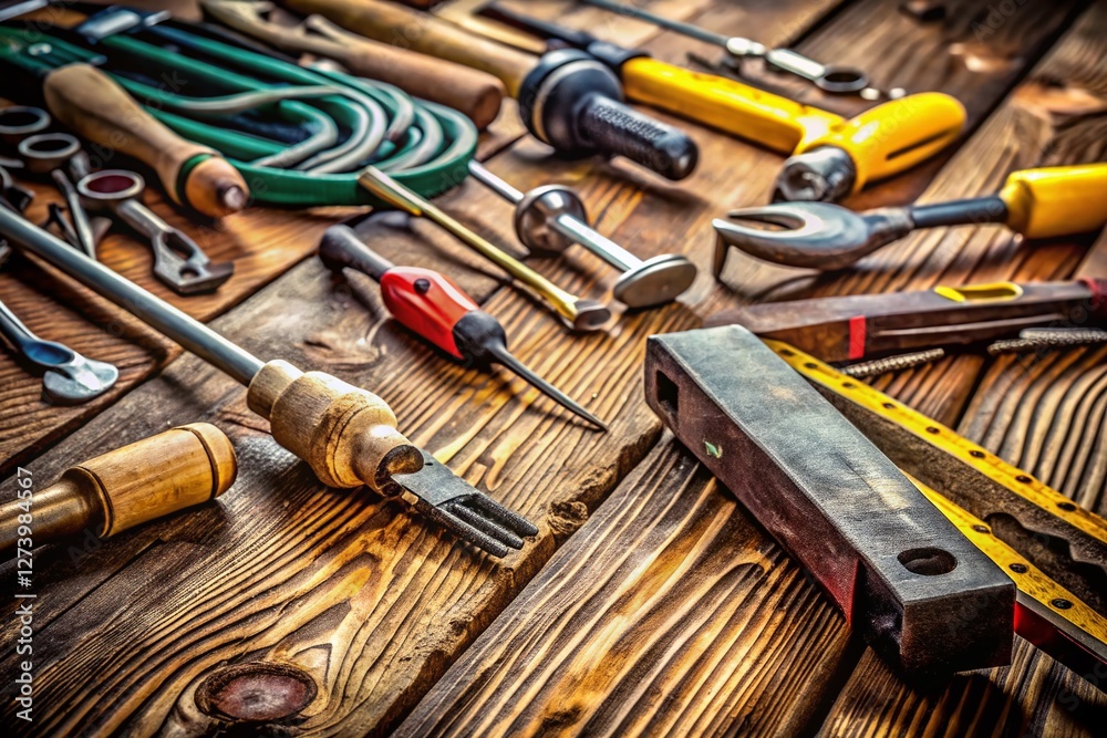Workshop Tools: Handyman's Essential Equipment on Wooden Workbench Workshop Tools: Handyman's Essential Equipment on Wooden Workbench