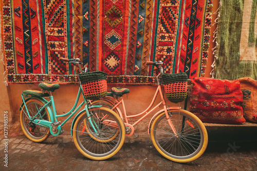 Two bicycles parked on a street in Marrakech. Morocco