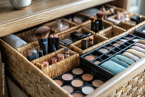 Drawer filled with makeup organizers showcasing various cosmetics brushes palettes and tools in a neat and organized arrangement photo