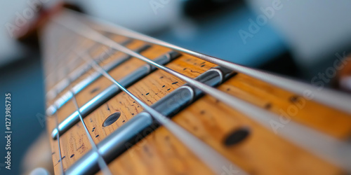 Bass Guitar Neck Detail: Strings, Fretboard, and Tuning Pegs photo