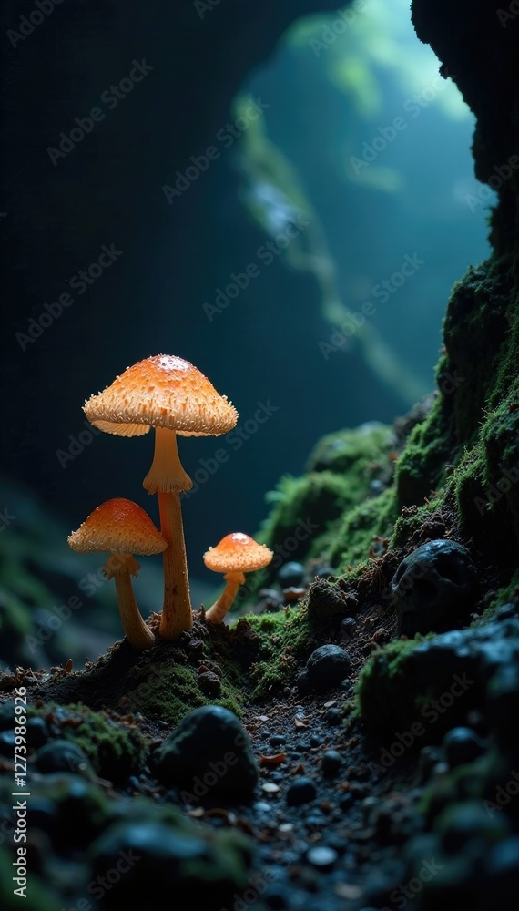 Fototapeta premium Mysterious skull-shaped mushrooms growing in a dark mountain cave, dark, damp, mysterious