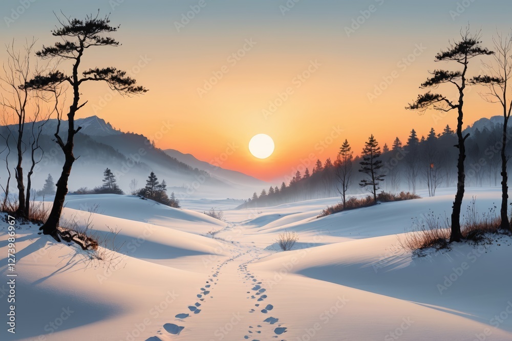 snowy landscape with trees and a trail leading to a sunset snowy landscape with trees and a trail leading to a sunset