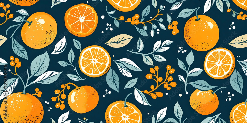 A vibrant and artistic design featuring citrus fruits and green leaves perfect for textiles and prints A vibrant and artistic design featuring citrus fruits and green leaves perfect for textiles and prints