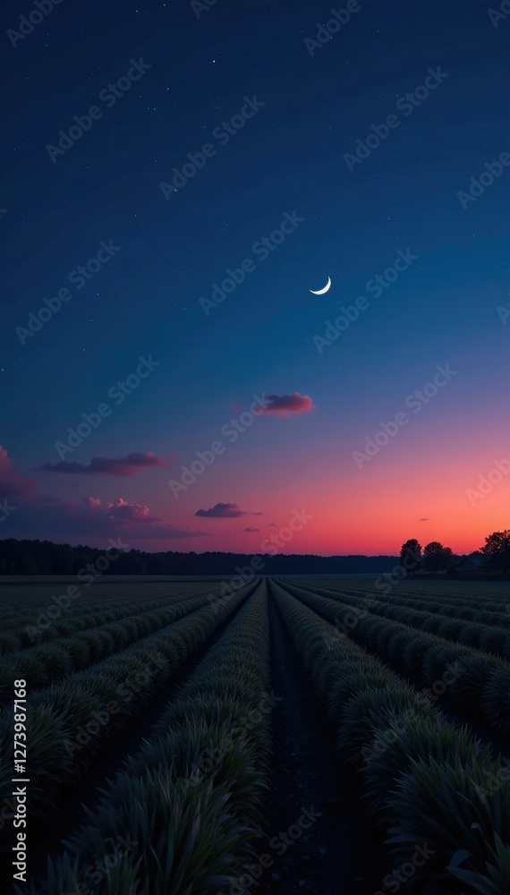 Night sky with a crescent moon above harvested fields, farm, evening, darkness Night sky with a crescent moon above harvested fields, farm, evening, darkness