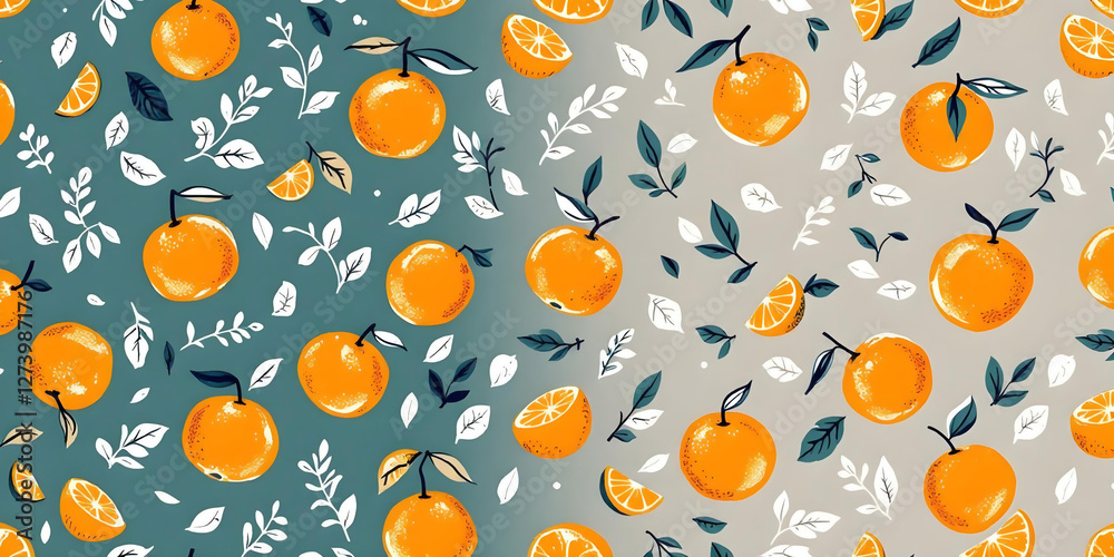 Hand-drawn oranges with playful details and organic elements creating a seamless pattern for cheerful surfaces