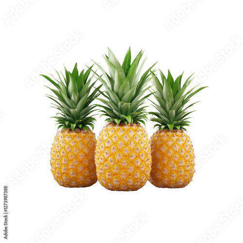 Three fresh pineapples on a transparent background. showcasing their vibrant green leaves and yellow texture photo