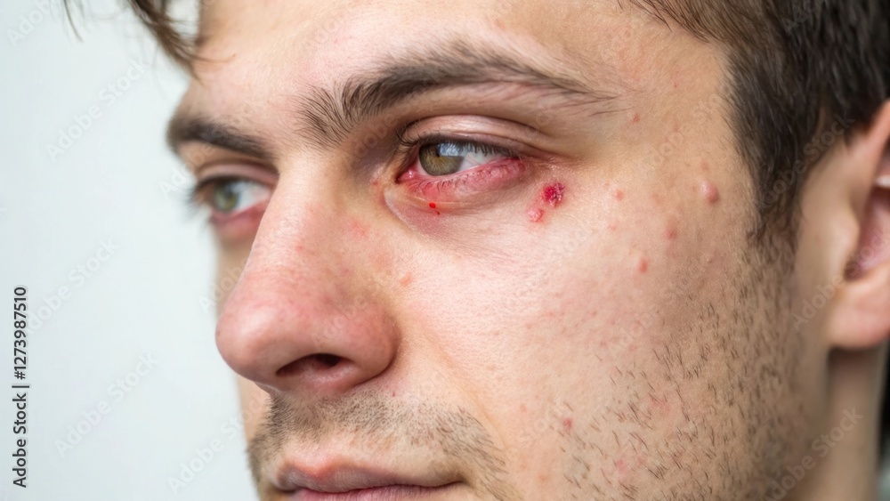 Close-up of a young man with skin blemishes and redness around the eyes, showcasing a common skin concern and highlighting the importance of skin care Close-up of a young man with skin blemishes and redness around the eyes, showcasing a common skin concern and highlighting the importance of skin care
