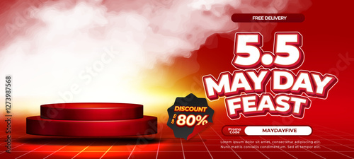 5.5 Shopping Mayday Feast Sale discount deals dynamic red gradient Editable text effect showcase Podium Cloudy style promotional Horizontal banner
