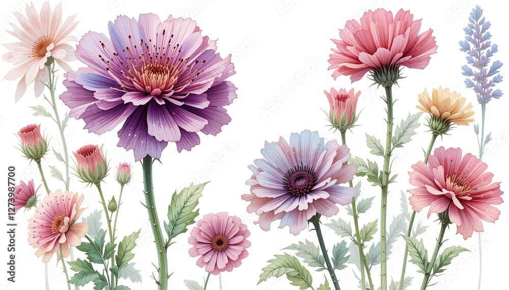 Obraz premium Vibrant floral arrangement botanical garden illustration bright colors close-up nature beauty
