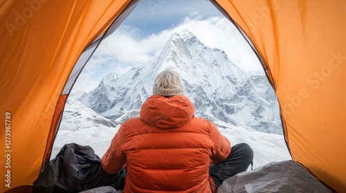 Backpacker sitting in tent looking out at snowy mountain peak during outdoor adventure