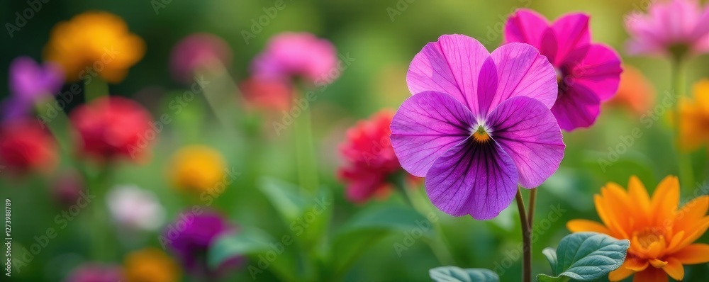 Obraz premium Shali violet blooms in the garden with other flowers in a colorful bouquet, flower, nature, pants