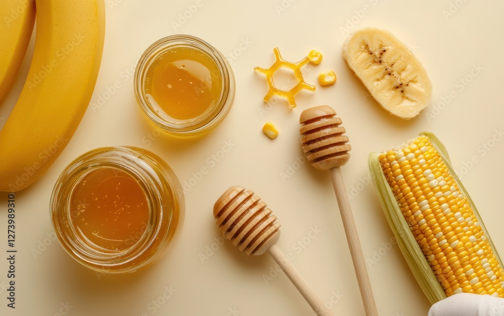 Obraz premium Close-up of natural glucose sources such as honey, banana, and corn with honey dippers on a warm yellow background, highlighting sweet and organic ingredients