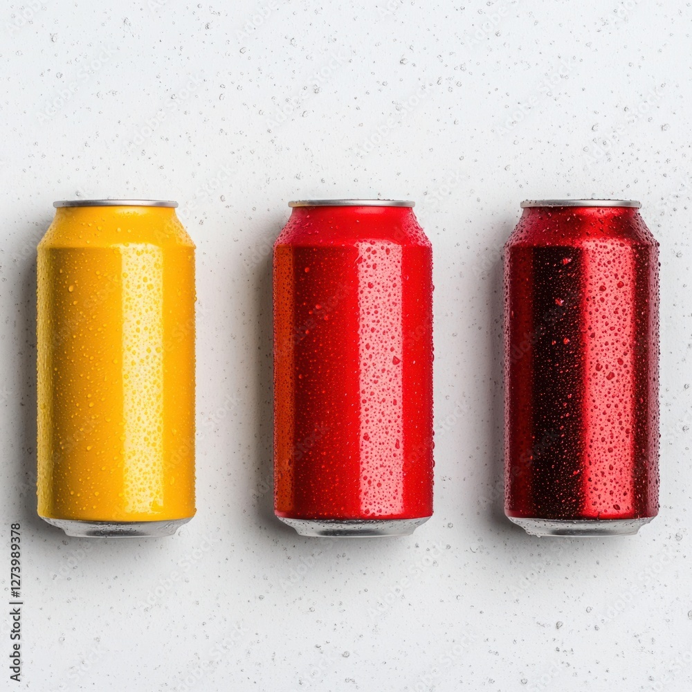 Vibrant colorful beverage cans with droplets on a white background, showcasing refreshing drinks ready to cool down hot summer days